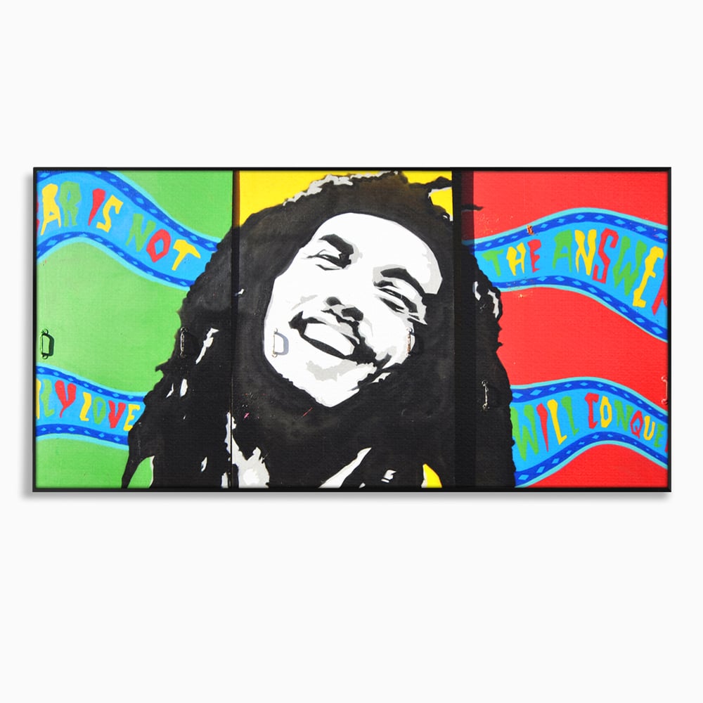 Tablou canvas cu tablou pictat cu portretul lui bob marley, in rama de aluminiu negru